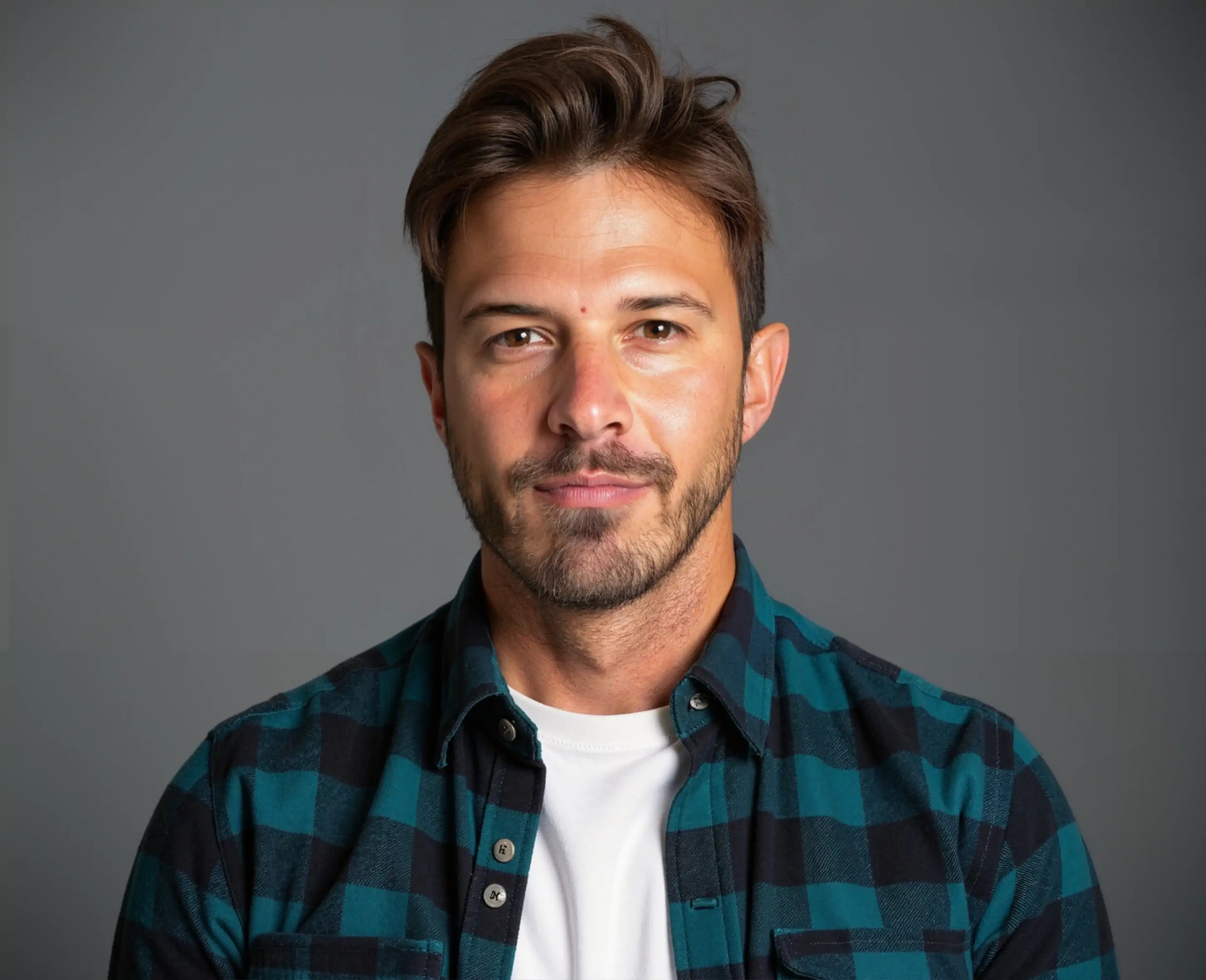 Shopify Expert wearing a blue plaid shirt over a white t-shirt against a gray background