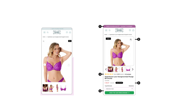 Two smartphone screens showing a lingerie product on an e-commerce platform.
