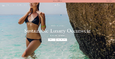 Woman in black bikini standing in water with text 'Sustainable Luxury Oceanwear' 