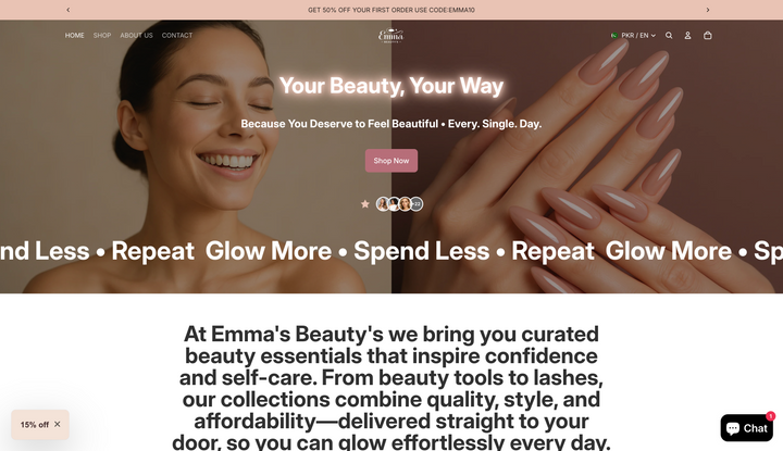 Website homepage for Emma's Beauty with a woman holding her hands near her face.