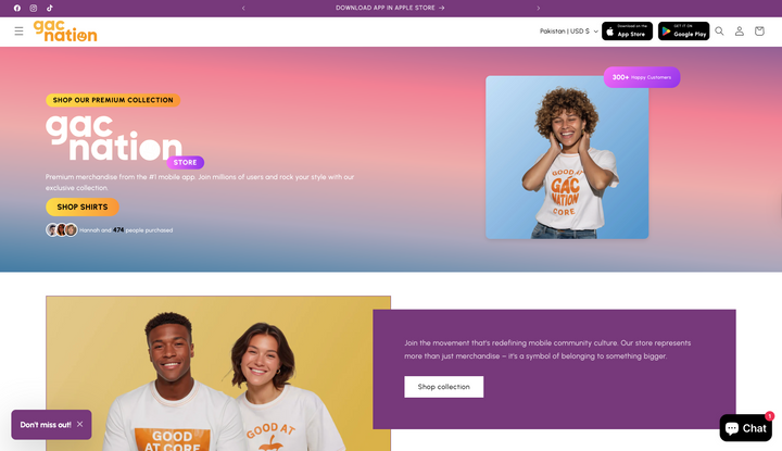 Gac Nation website homepage with promotional content and a child wearing a shirt.