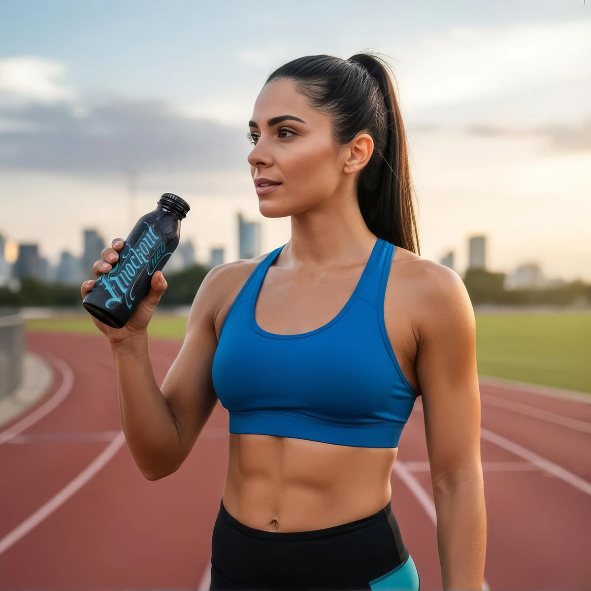 Woman in athletic wear holding a bottle on a running track with a cityscape in the background