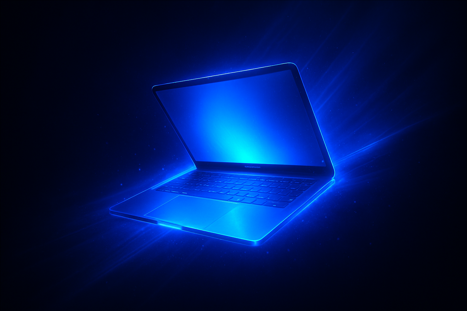 A macbook pro half open in the dark, gliding and shining with these colors #2d60eb