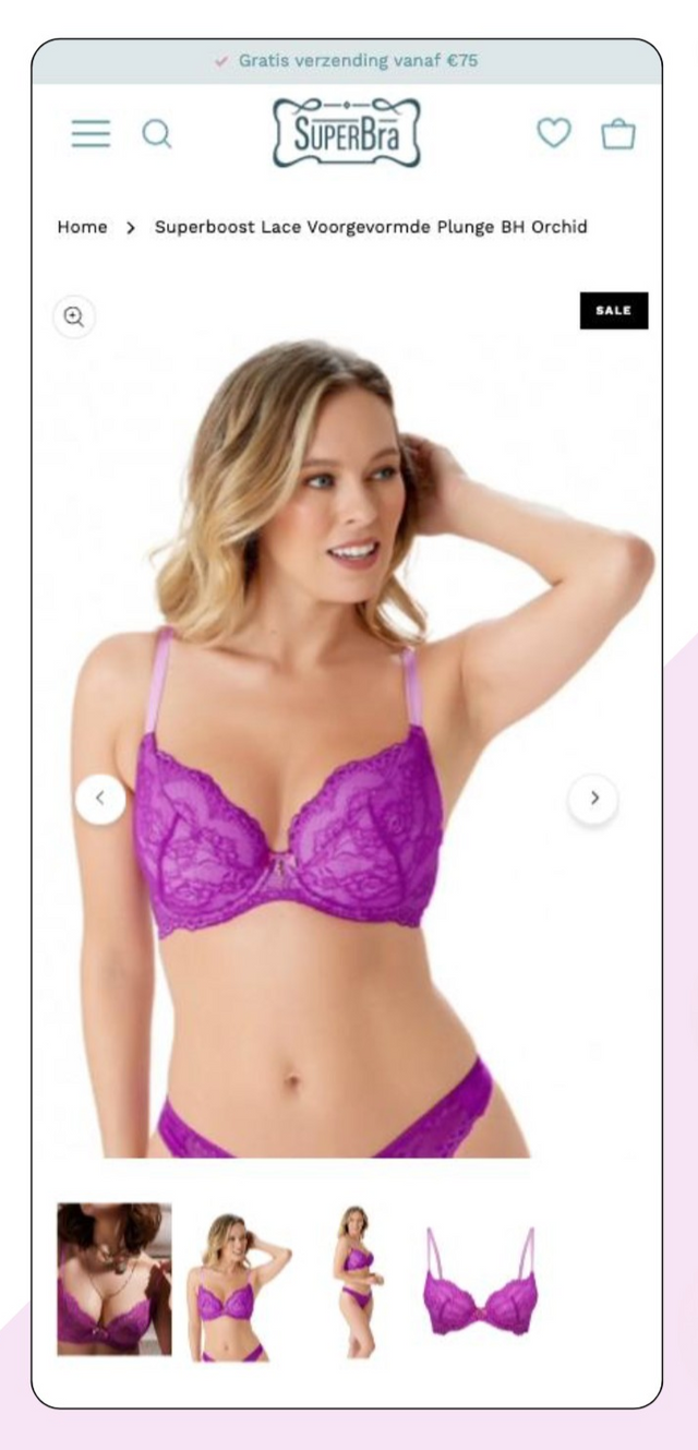 Woman wearing a purple bra and panties with SuperBra branding on a white background