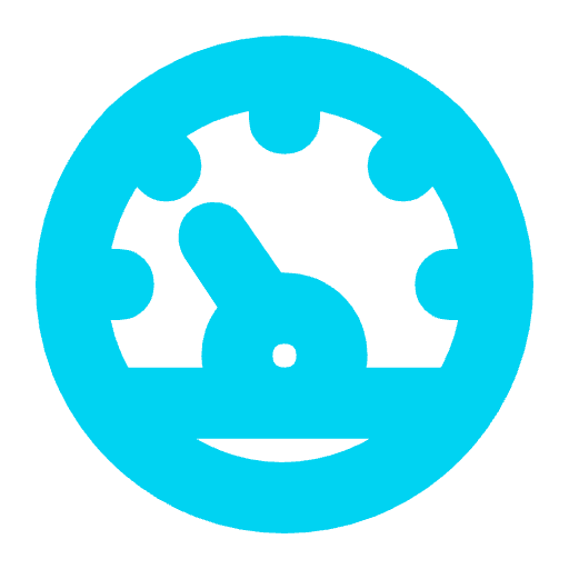 Blue icon of a rabbit inside a circular gear-like design on a white background